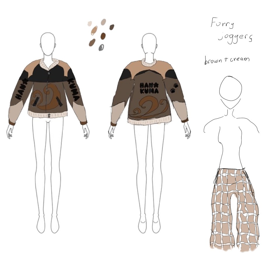 Sketch of Naomi Osaka Meta Avatar outfit: neutral-toned pants and bomber jacket