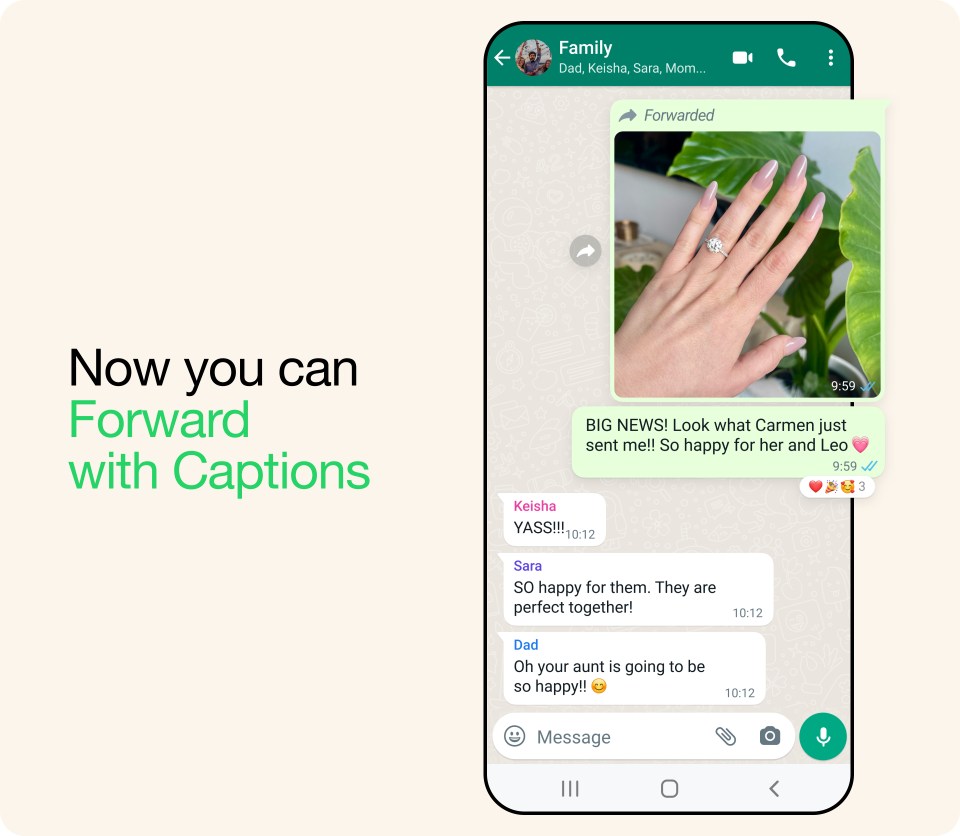An image showing the ability to forward photos in WhatsApp chats with captions.