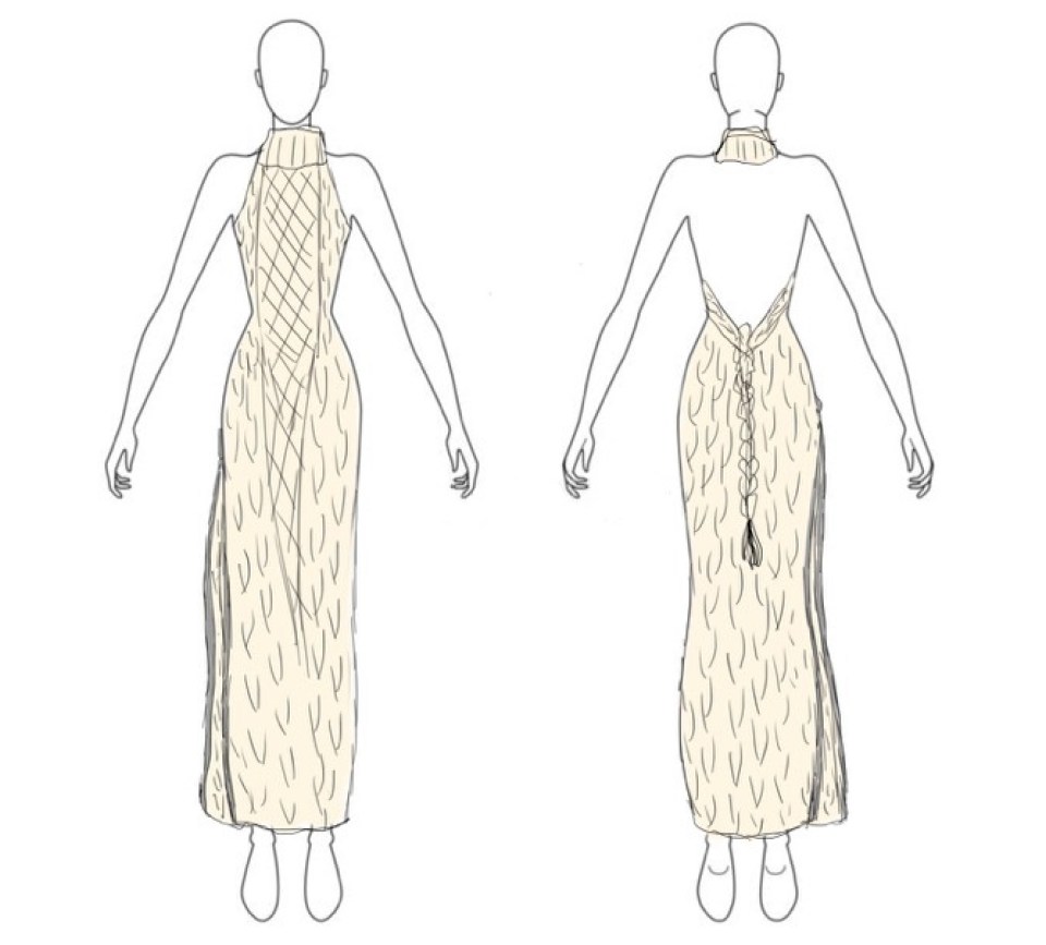 Sketch of Naomi Osaka Meta Avatar outfit - cable knit maxi 