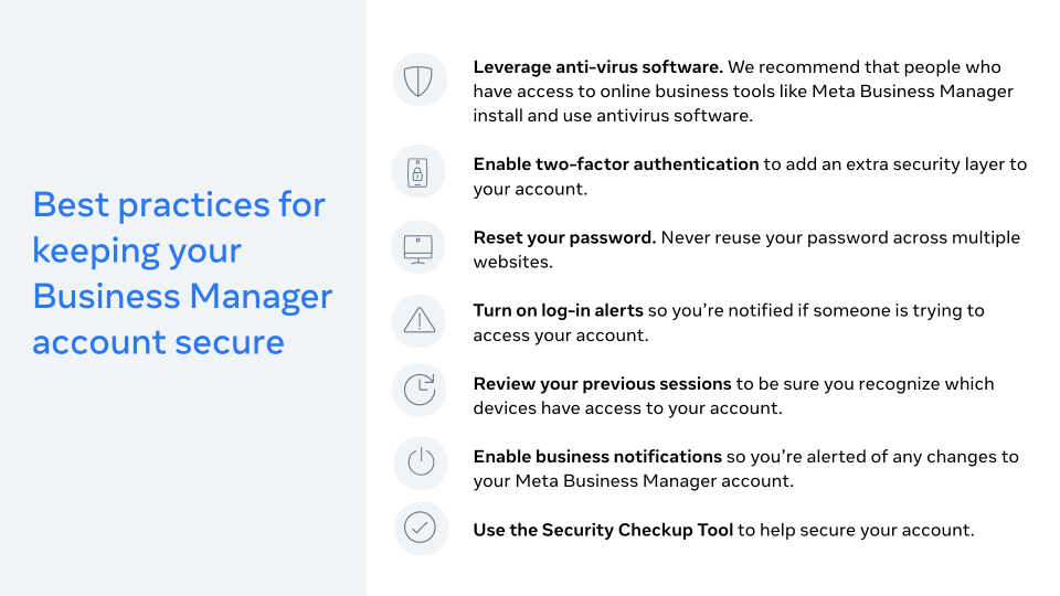 An infographic showing best practices for keeping your Business Manager account secure.