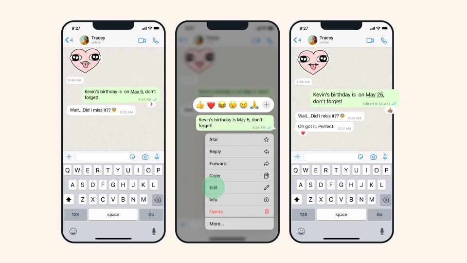 An image showing a WhatsApp conversation in which a message was edited.