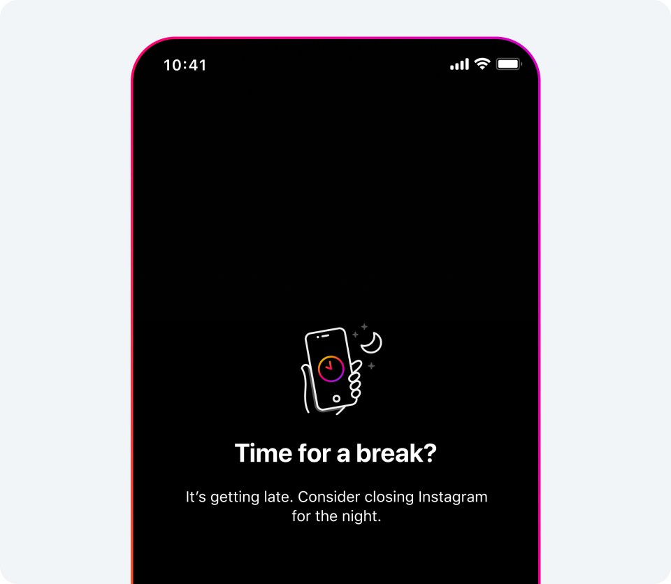 An image of a phone screen with a nighttime nudge, telling users to consider closing Instagram for the night.
