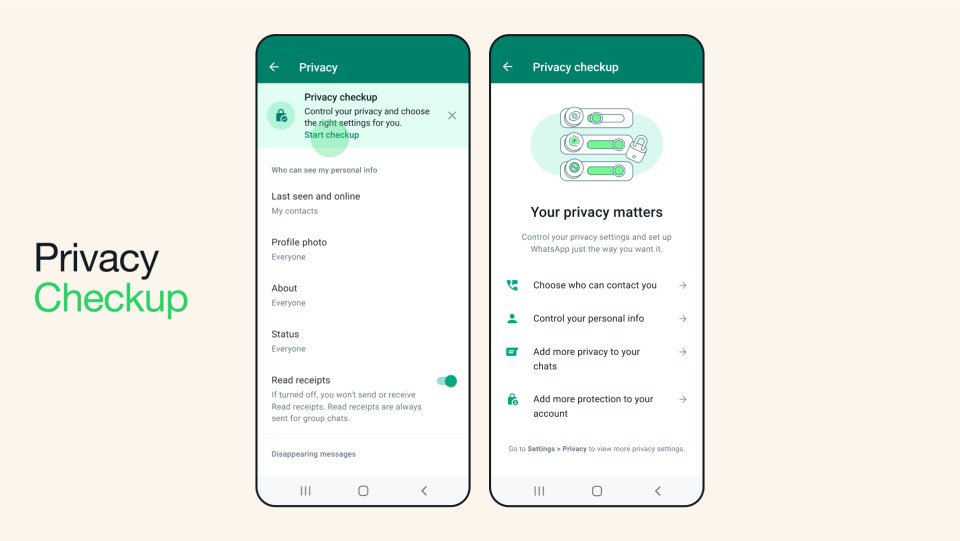 Two phone screens showing Privacy Checkup on WhatsApp
