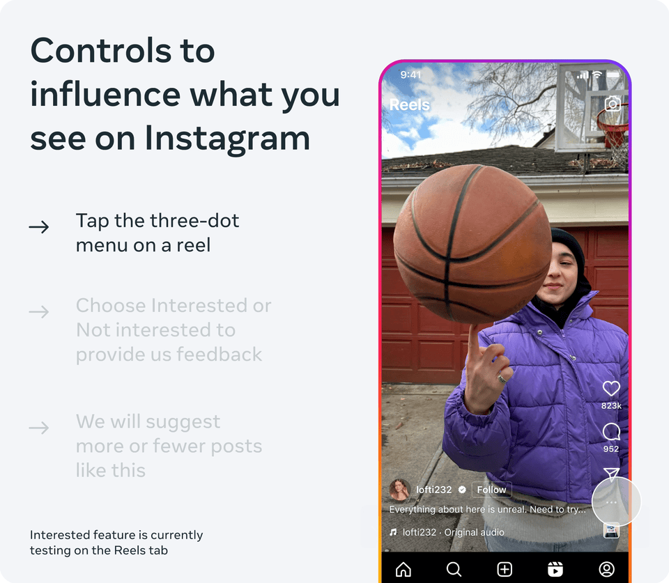 Animation showing controls to influence what you see on Instagram by selecting "Interested" or "Not interested" to provide feedback