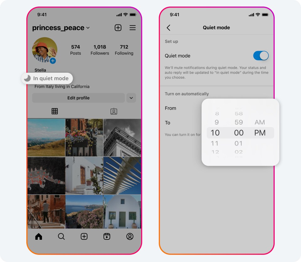 2 phone screens showing quiet mode on Instagram