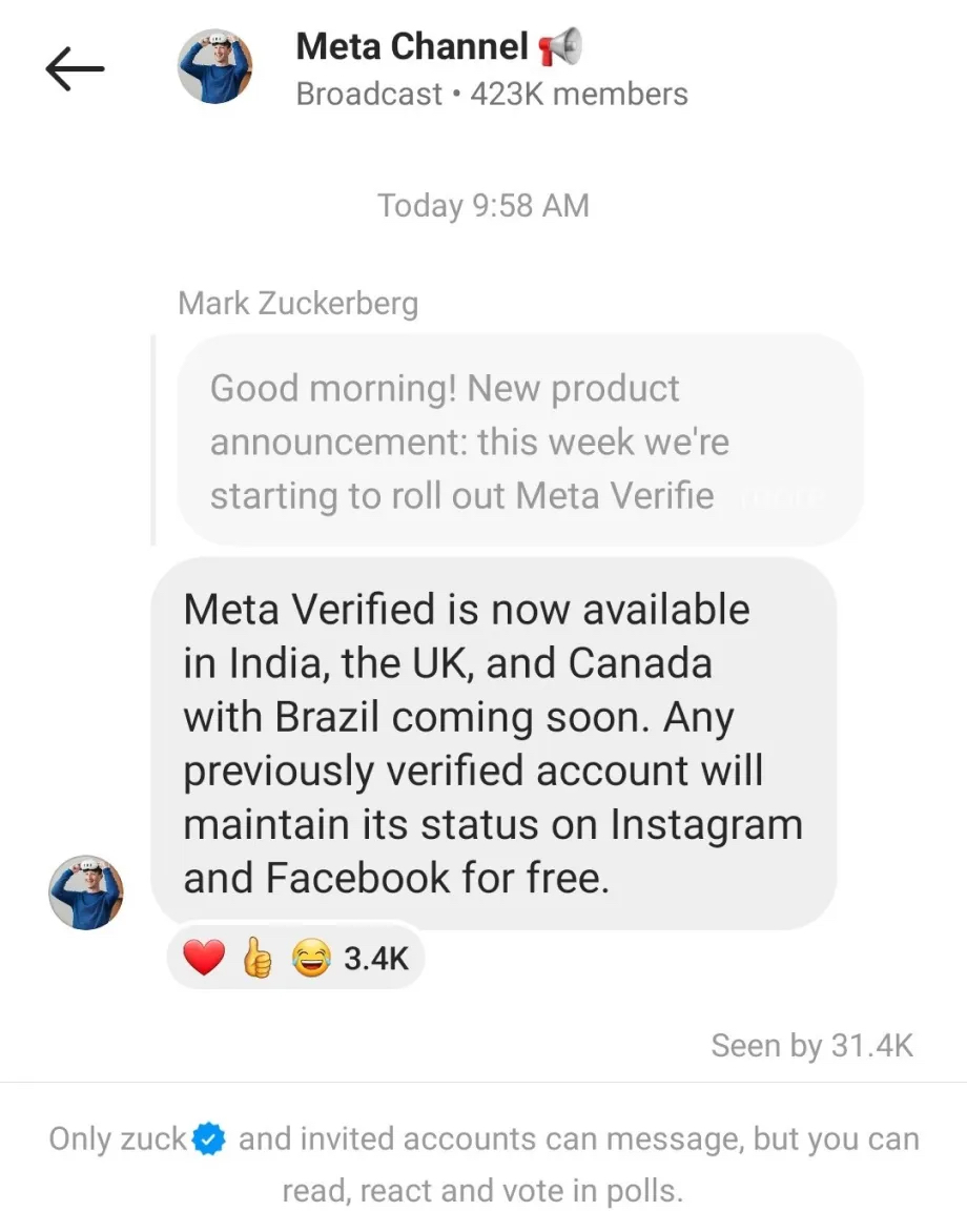 Screenshot of Mark Zuckerberg's Instagram Broadcast Channel, announcing the expansion of Meta Verified to India