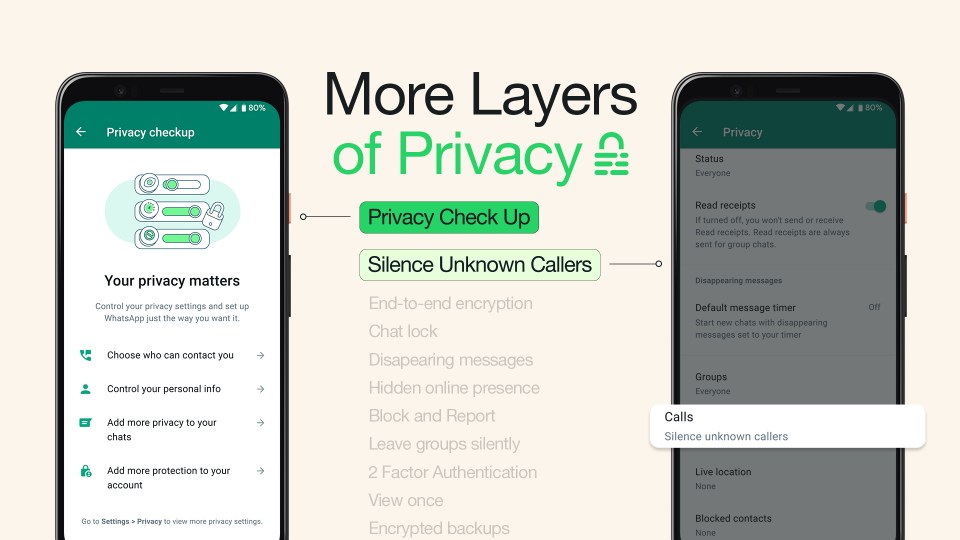 Image showing new WhatsApp privacy features: Silence Unknown Callers and Privacy Checkup