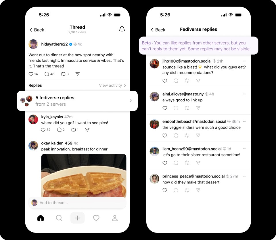 Two phones showing how to access fediverse replies on Threads.