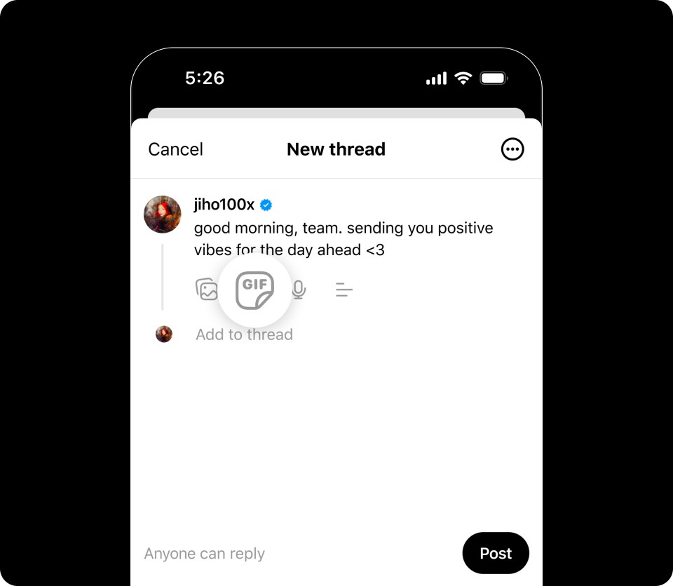 Phone screen showing a new thread and the option to include a GIF