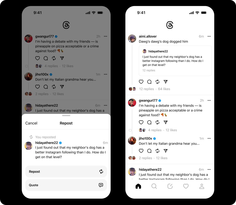 2 phone screens showing Repost in Threads