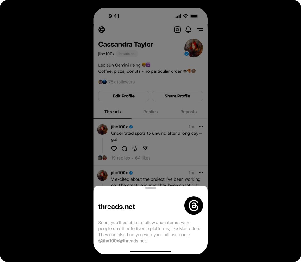 Phone screen showing message that Threads will soon be compatible with other fediverse platforms