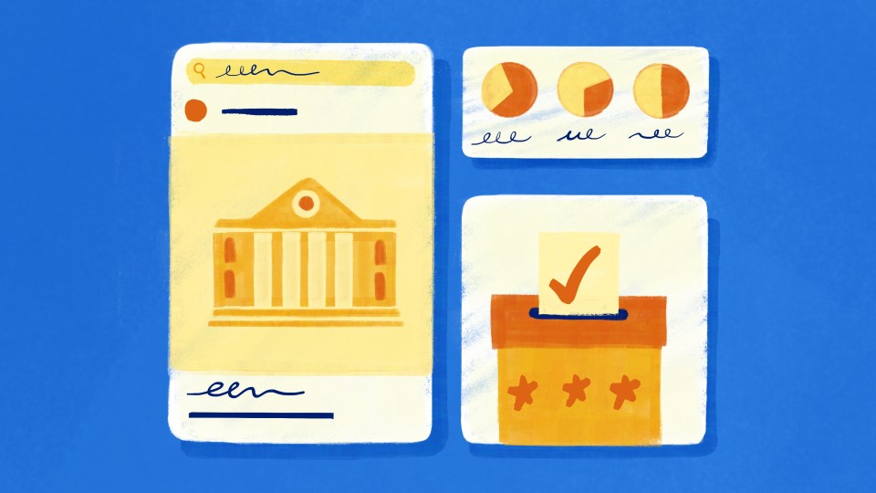 Illustration showing political ad, ballot box and data charts