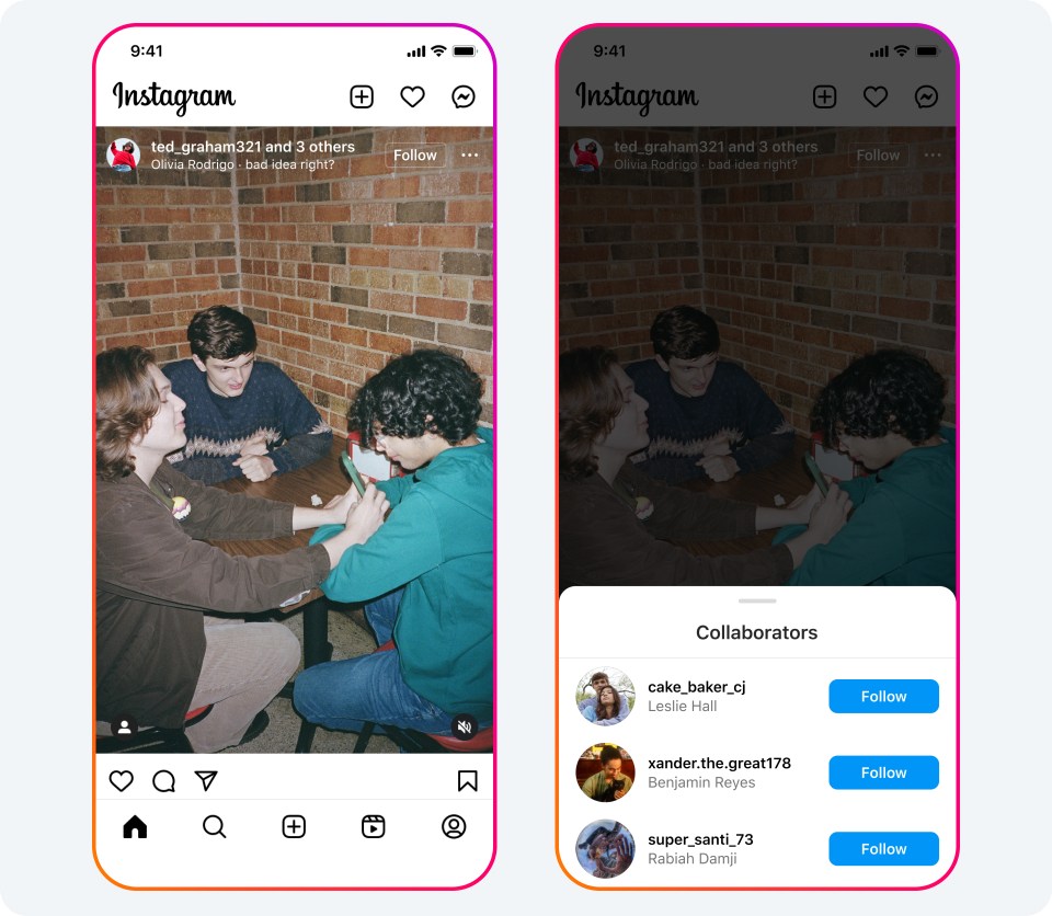 Two phone screens showing Collaborators feature on Instagram