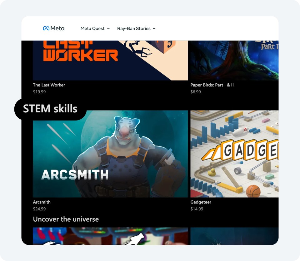 Image of STEM-related apps in the Meta Quest store