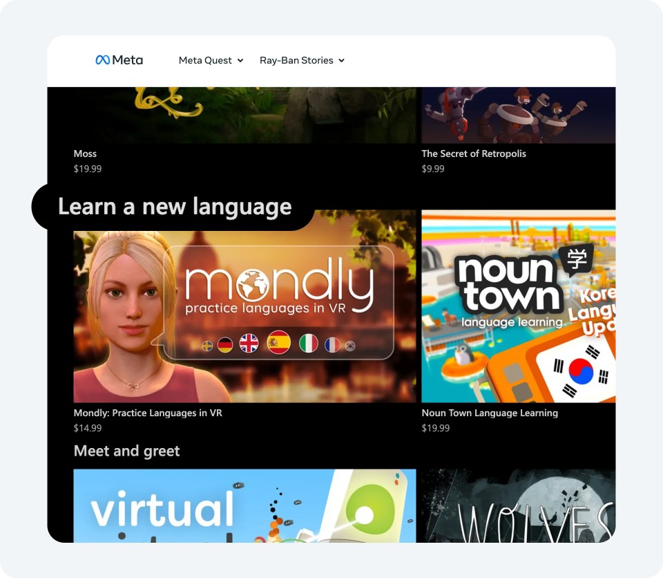 Meta Quest Store – Language shelf Image of language-learning apps in the Meta Quest store