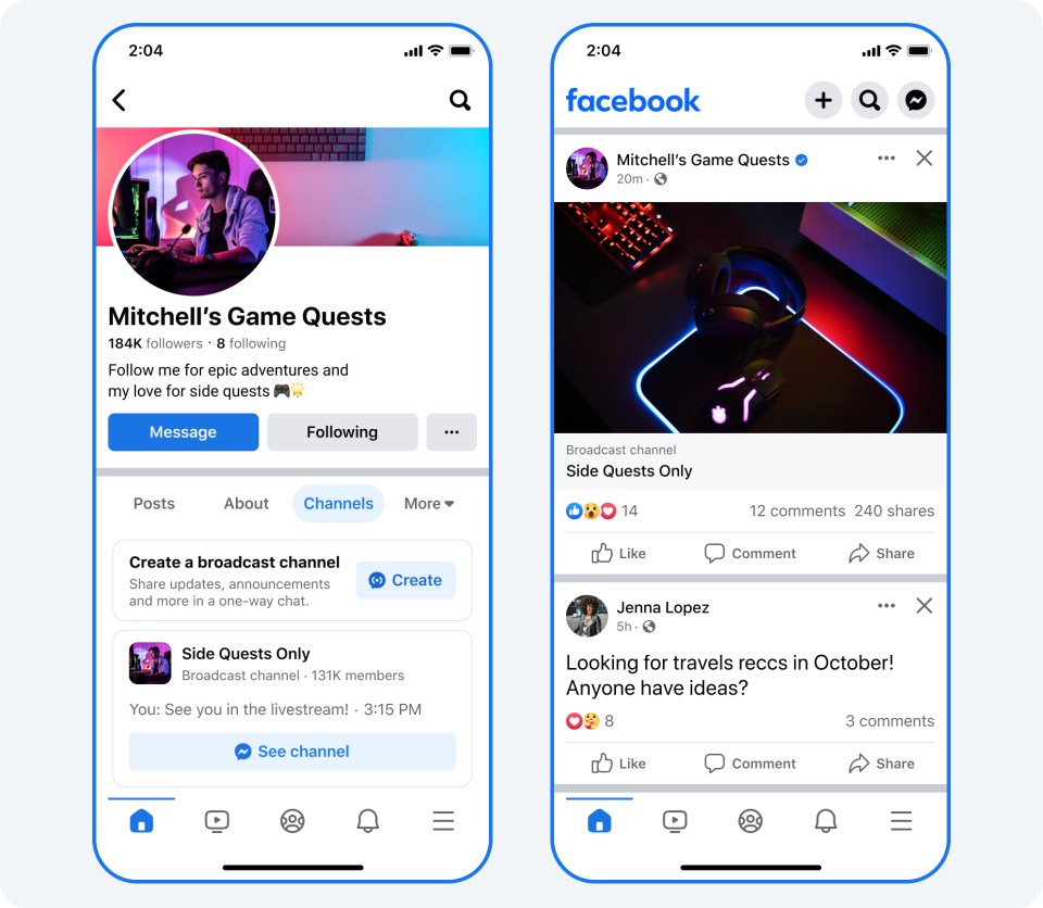 Two phone screens showing broadcast channels on Facebook