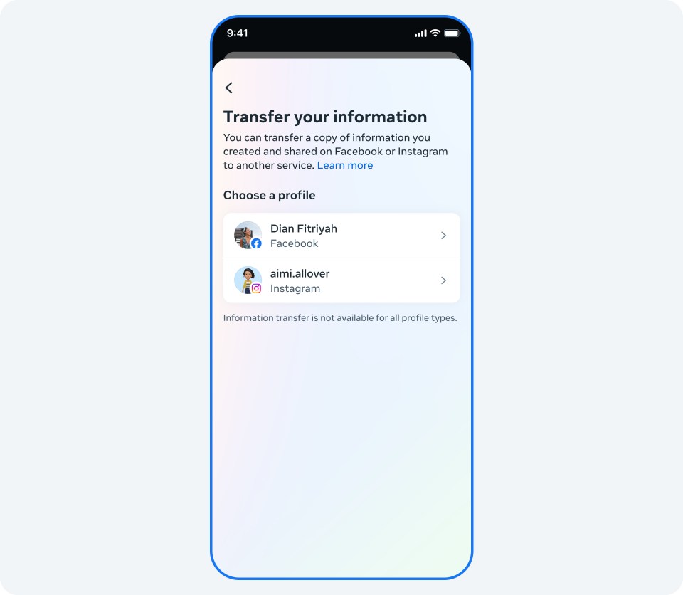 Transfer your information is now available for Instagram