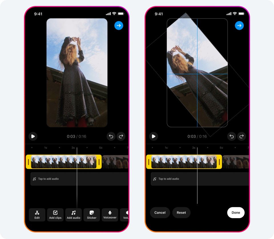 Two phone screens showing how you can create and edit clips.