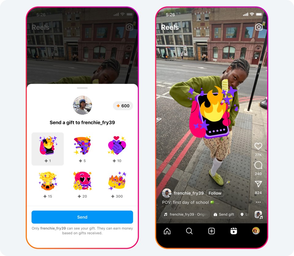 2 phone screens showing how you can send gifts on Instagram