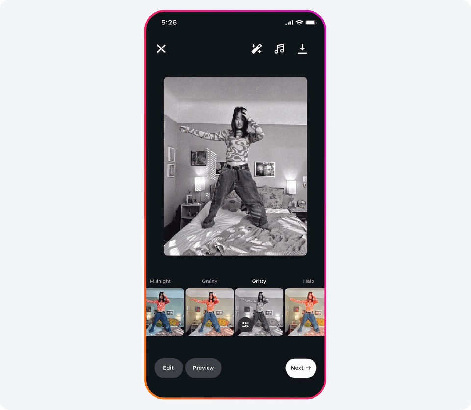 Phone screen showing new filters you can use to edit photos and carousels. 