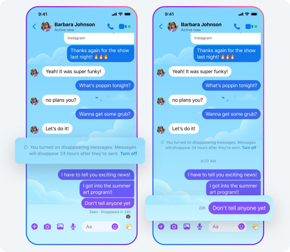 2 phone screens showing disappearing messages in a Messenger chat