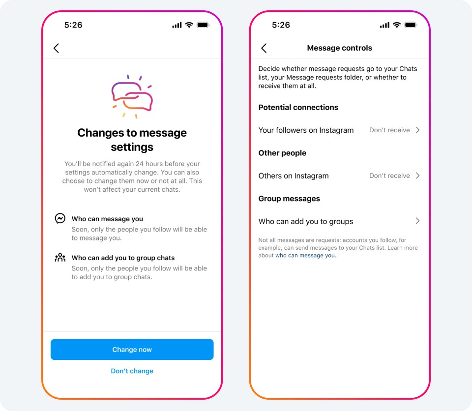 Two phone screens showing changes to messages settings.