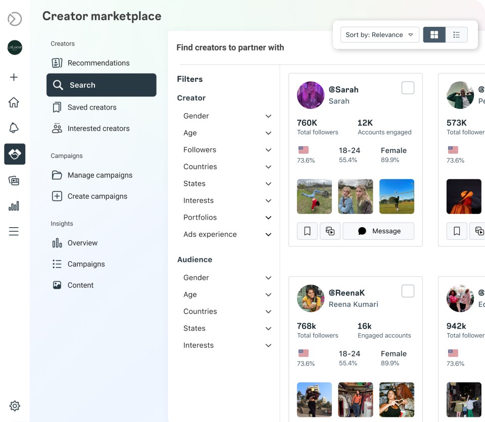 Screen capture of creator marketplace and the search function.