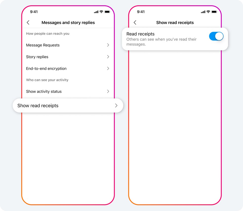 Two phone screens showing how to turn on read receipt settings.