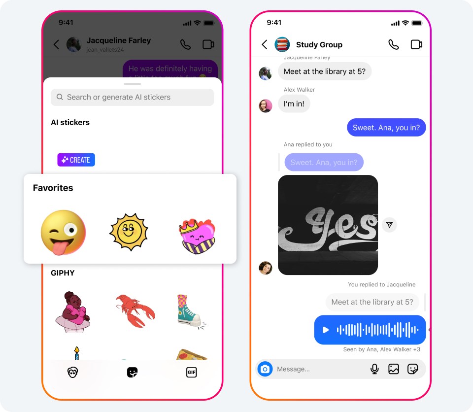 Two phone screens showing how to add stickers to a DM, or add a recording to your message. 