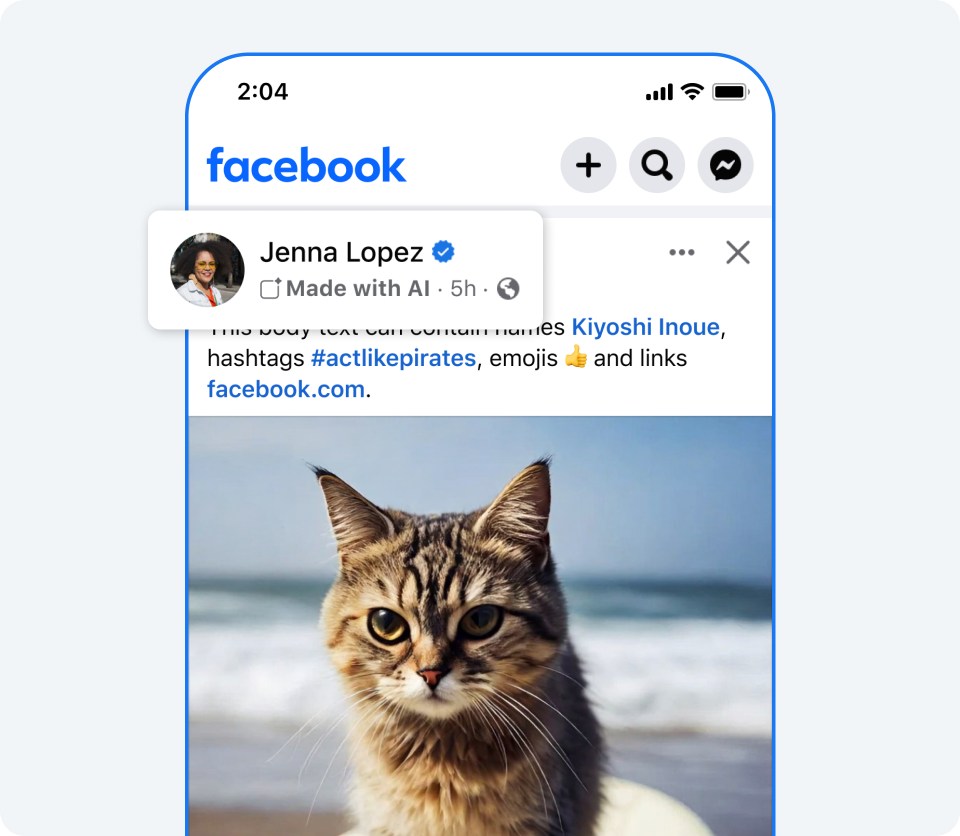 Phone screen showing "Made with AI" label on a Facebook post