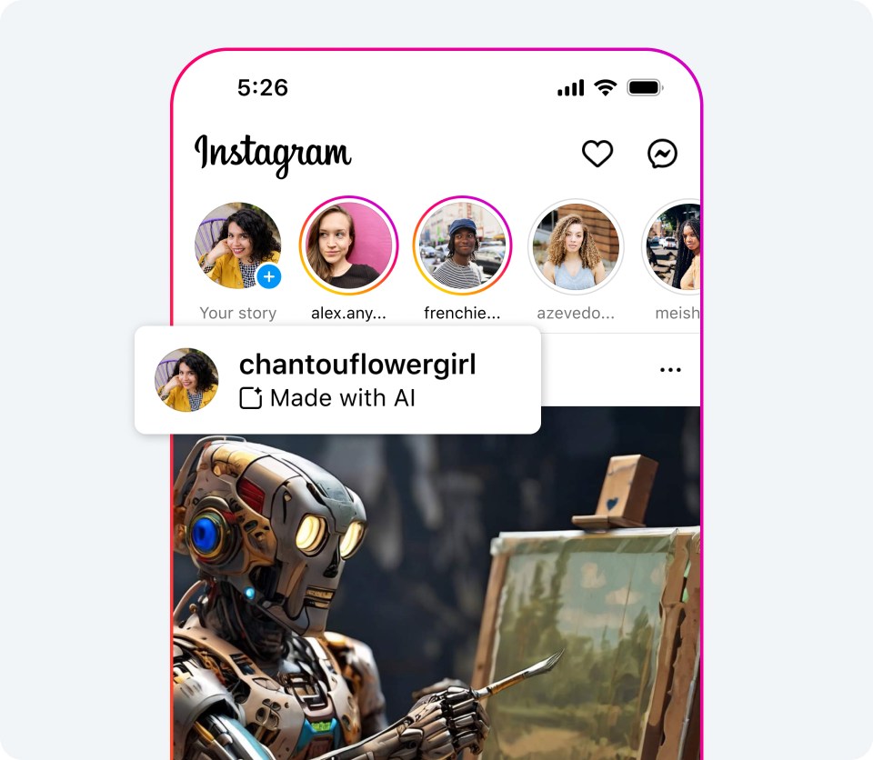Phone screen showing "Made with AI" label on an Instagram post
