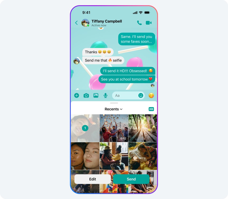 A phone screen in Messenger showing someone selecting a photo to send.