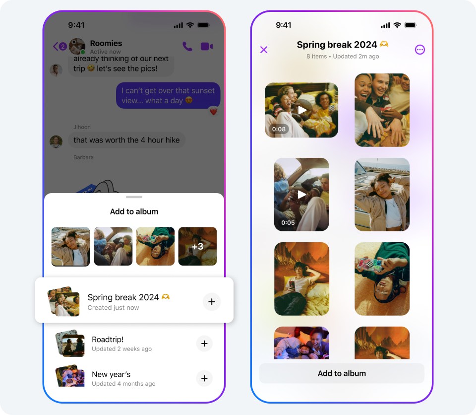 A image of two phone screens showing how to create a shared album in Messenger.