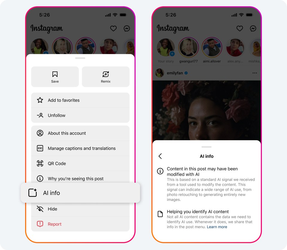Two phone screens showing AI labels for an IG post