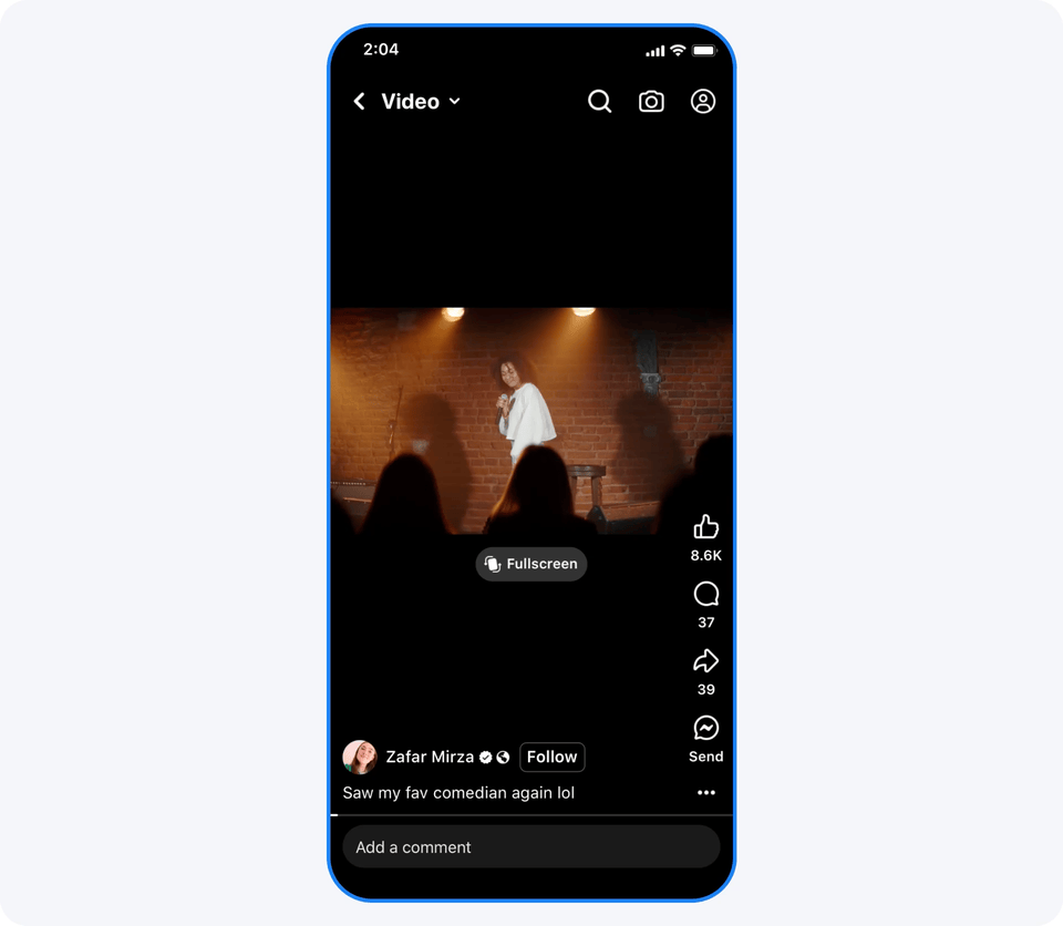 Facebook - A screen showing landscape mode to watch videos