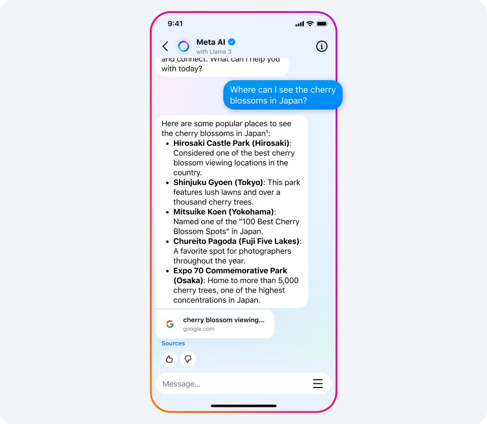 Phone screen showing an Instagram chat with Meta AI