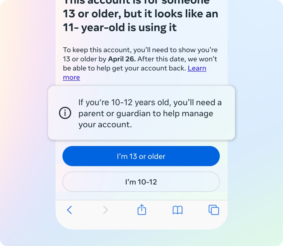 Screens prompting users to be in the right account for their age.