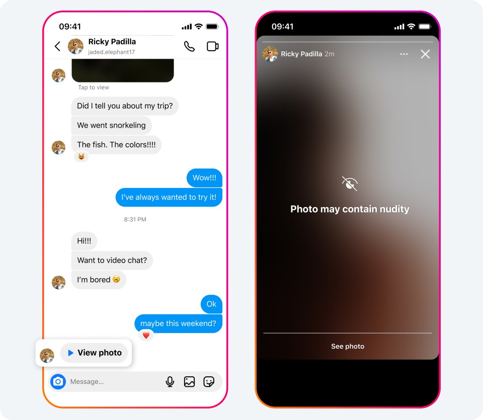 Two phone screens, one that shows an exchange between two people, and the other that shows a blurred out photo.