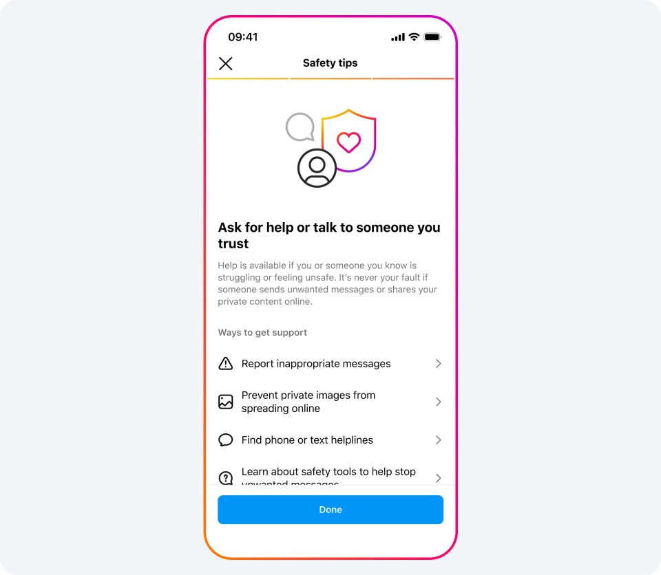 Dos pantallas de teléfono que muestran consejos de seguridad.
La pantalla de un teléfono muestra consejos de seguridad en Instagram, según Meta