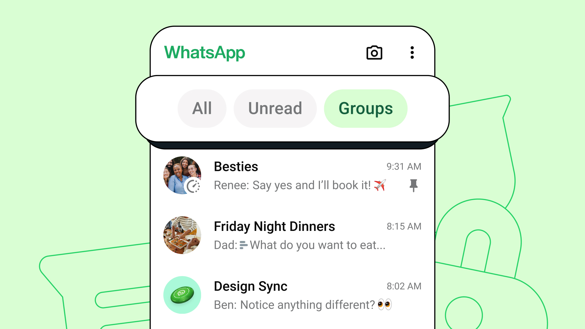 A phone screen showing the three new WhatsApp filters.