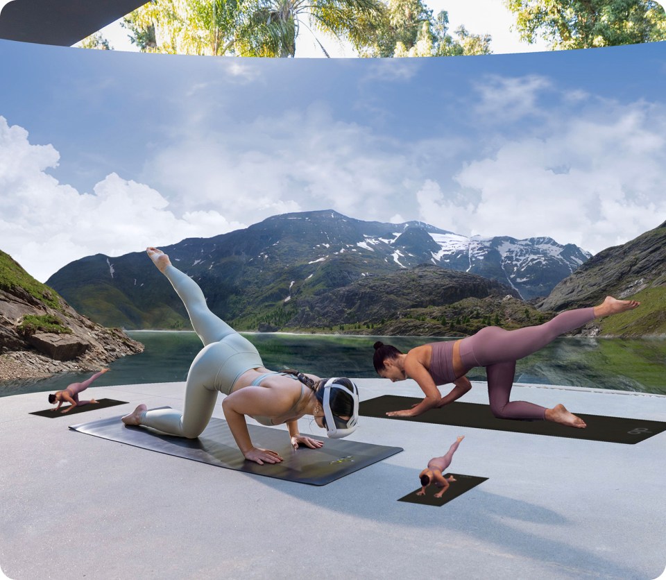 An image of a woman doing yoga in Alo Moves on Meta Quest 3, looking at an instructor with two "mini-instructors" beside her.