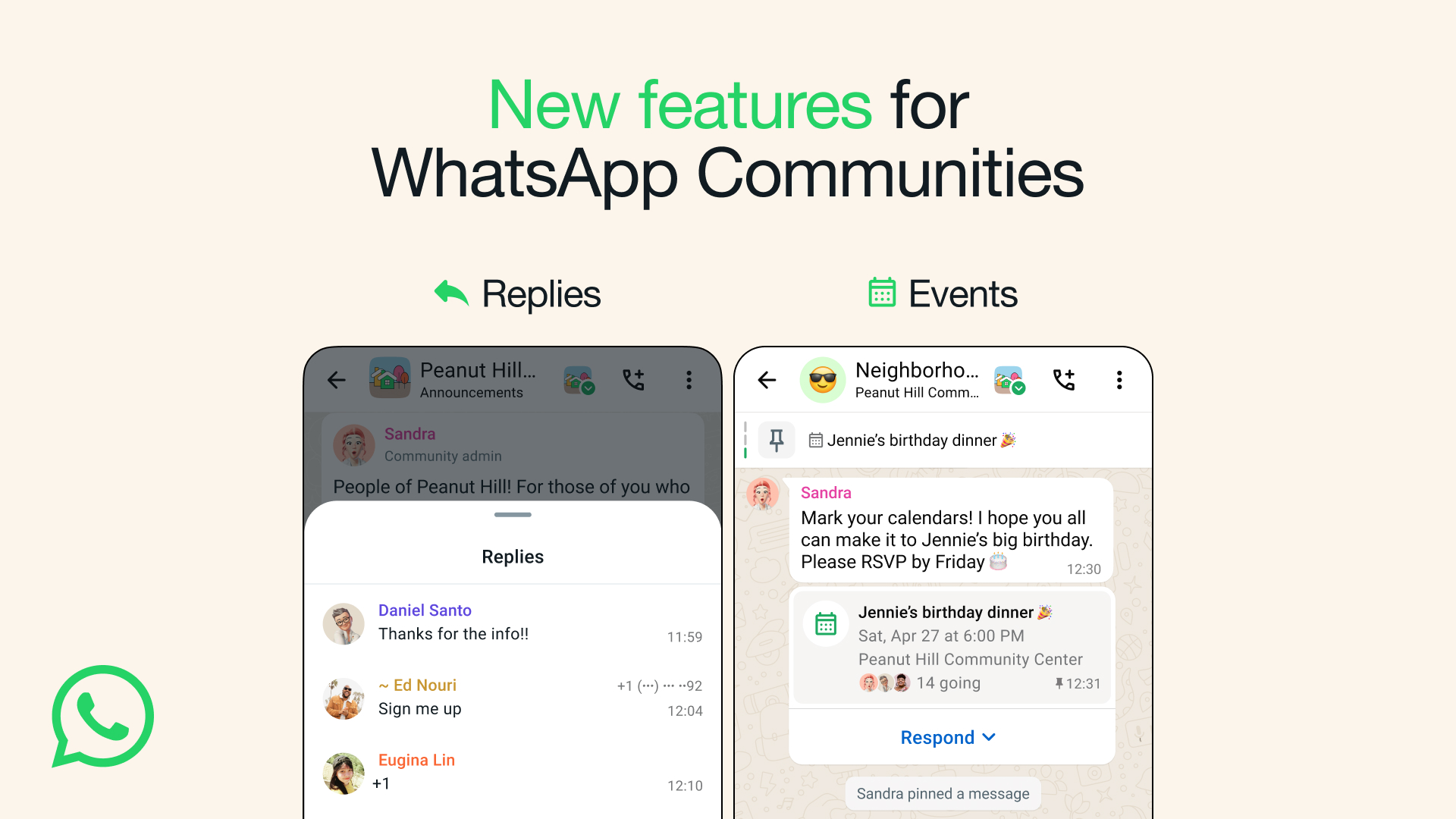 Two phone screens showing the new WhatsApp Communities features.