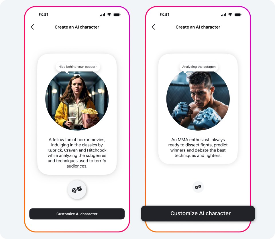 Two phone screens showing AI character options, with a button that says customize AI character