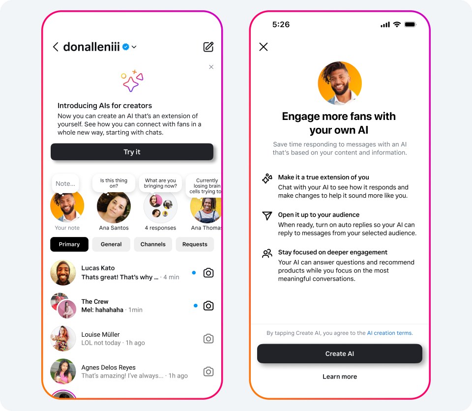 Image of two phone screens, one showing the user's DMs and the second showing the create AI page for creators