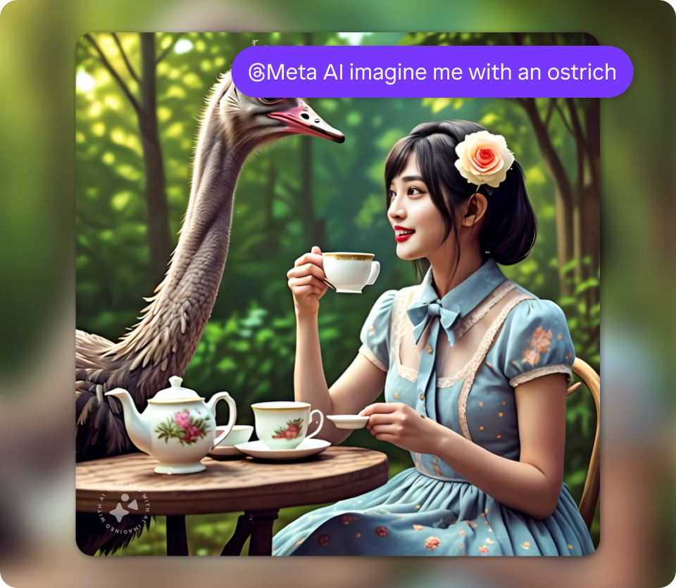 Image of a woman having tea with an ostrich, generated using the Meta AI prompt "imagine me with an ostrich"