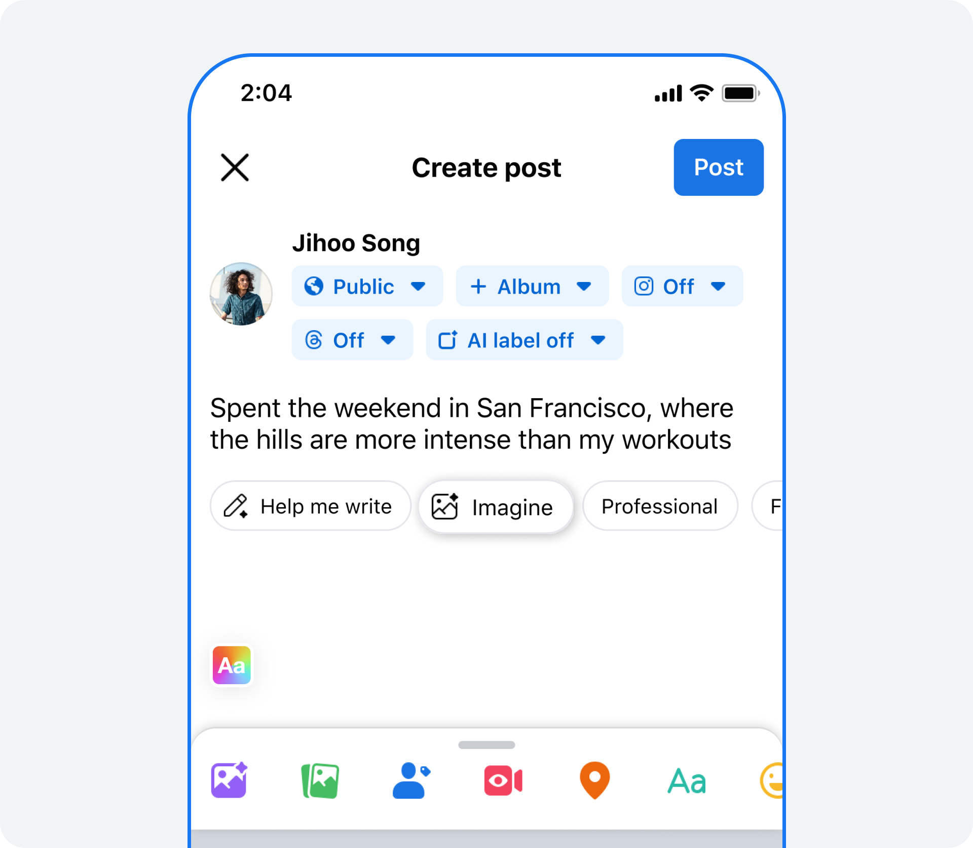 05_Imagine create directly in FB post_Carousel 01 Image showing "Imagine" feature while creating a Facebook post