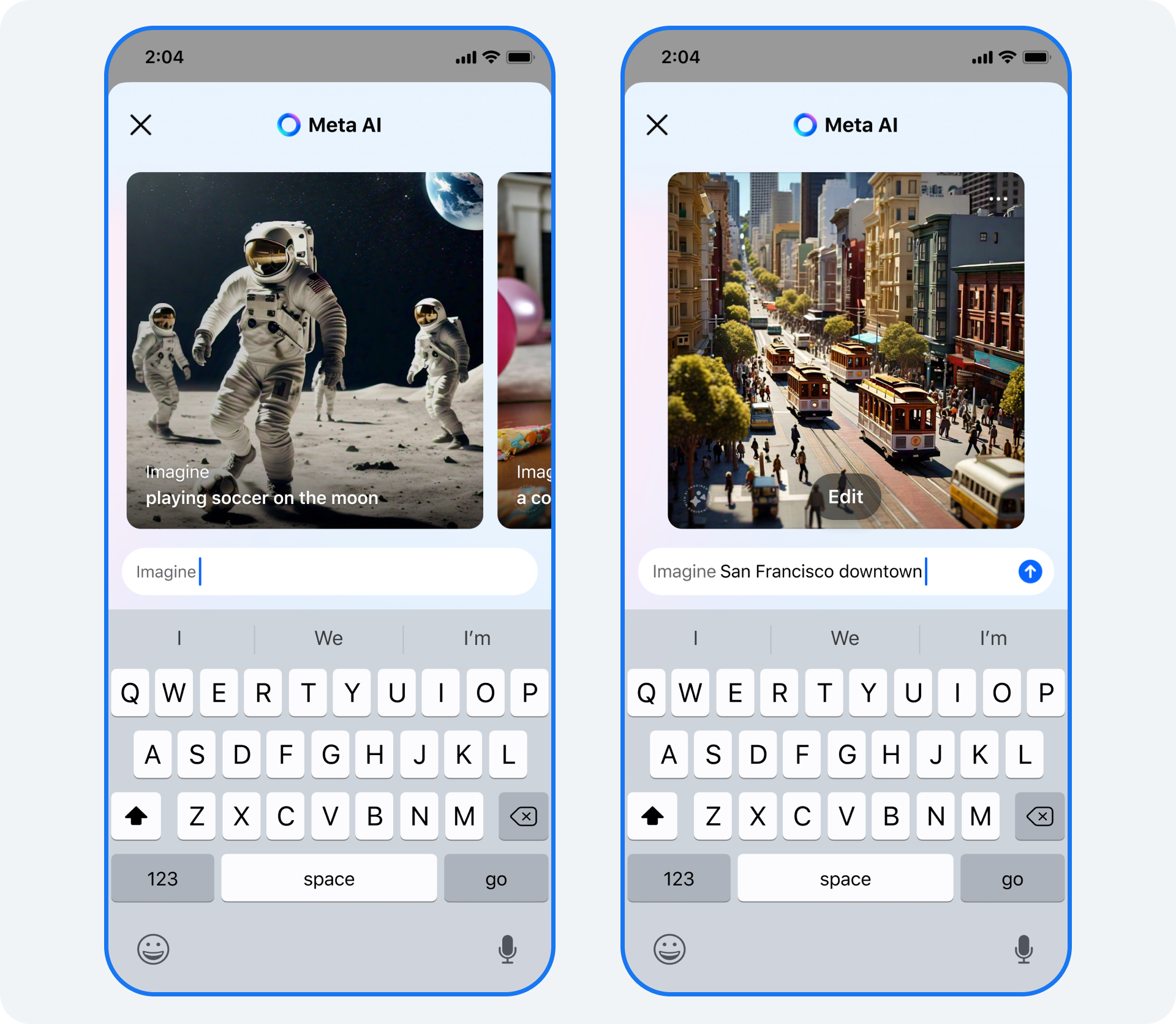 05_Imagine create directly in FB post_Carousel 02 2 phone screens showing "Imagine" feature in Meta AI used to generate an image of San Francisco downtown
