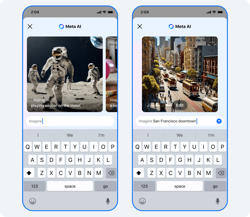 2 phone screens showing "Imagine" feature in Meta AI used to generate an image of San Francisco downtown