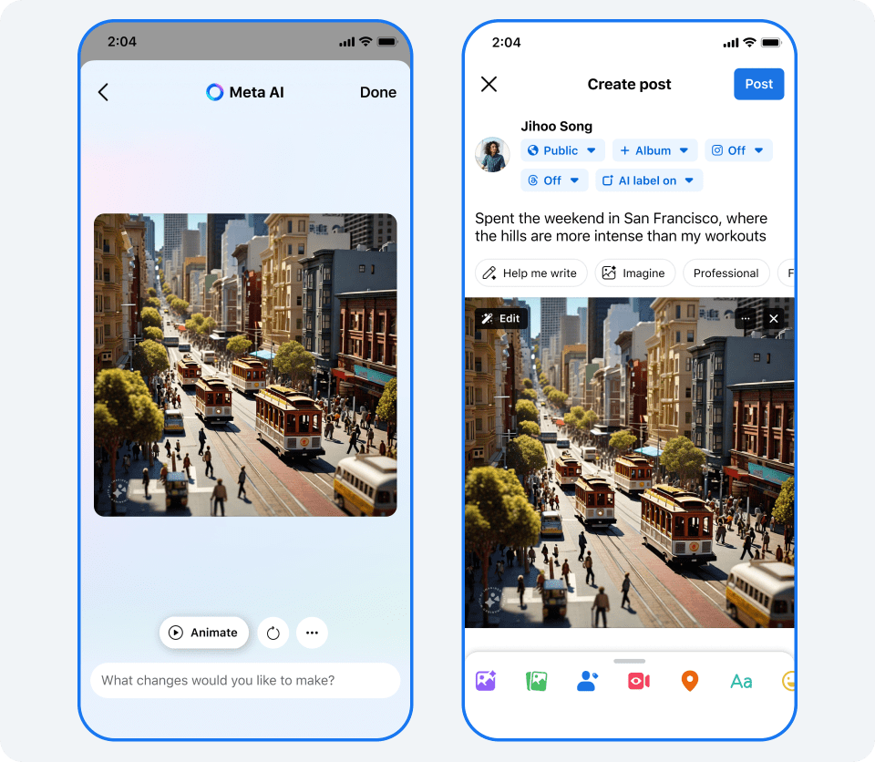 2 phone screens showing Meta AI animating an image it created and including that visual in a Facebook post