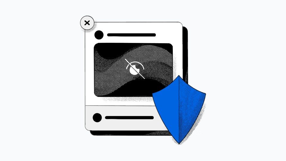 Black and white illustration of a photo that had been blurred, with a blue shield in front of it